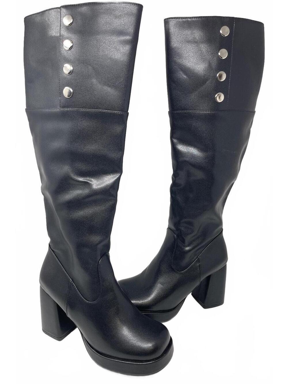 Women's Black Heeled Boots EU 41 US 10 with Silver-Tone Button Detail, Very Good